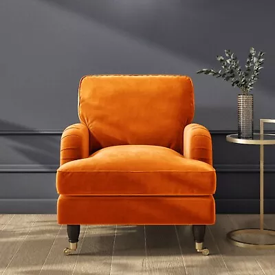 Orange Velvet Armchair With Saddle Arms Wood Legs Foam Filled Traditional • £335.92