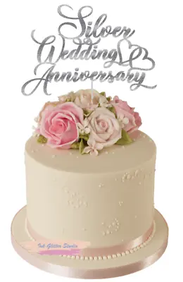 Silver 25th Wedding Anniversary Glitter Card Cake Topper Decoration • £5.89