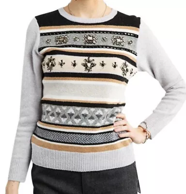 J. Crew Womens Medium Wool Jeweled Fair Isle Stripe Crewneck Sweater • $31.14