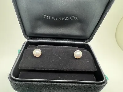 £409.29 • Buy Tiffany Co 18k White Gold Akoya Pearl Stud Earrings 8 Mm