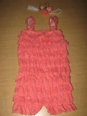 $15.99 • Buy Coral Petti Lace Romper & Headband Baby Toddler Cake Smash Outfit 9-12 Mo.