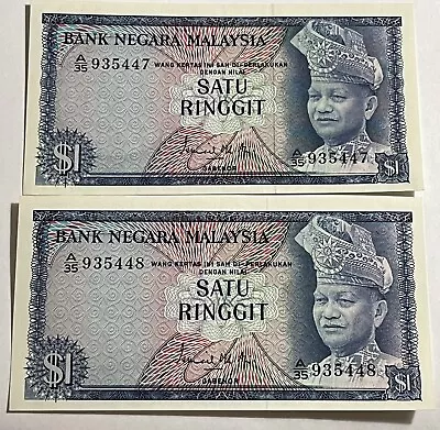 1967 Bank Negara Malaysia 1 Ringgitt 2 Consectutive Gem Unc First Block A/35 • $39.95