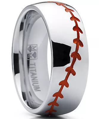 Men's Baseball Titanium Ring Red Stitching Dome Comfort-Fit 8MM • $18.99