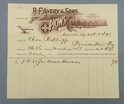 1898 BF AVERY PLOWS Antique Receipt FARM Advertising LOUISVILLE KY • $17.95