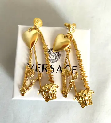 Versace Medusa Head Safety Pin Logo Heart Gold Charm Dangle Statement Earrings • $270