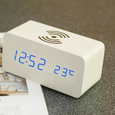 Modern Wooden Wood Digital LED Desk Alarm Clock Thermometer Qi Wireless Charger • $32.89