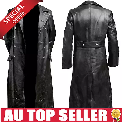 Vintage WW2 Style Leather Trench Coat Men's Jacket Black Gray Uniform WW2 Coat;- • $114.39