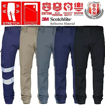 Mens Cargo Pants Work Elastic Cuffed Stretch Cotton Combat Wear 3M Tape UPF 50+ • $48.99