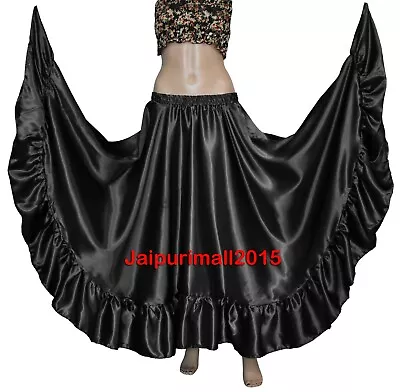 Black Satin Gypsy Flamenco Skirt 12 Yard Ruffle Belly Dance Skirt Tribal Costume • $33.24