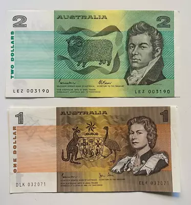 Australia $1 One & $2 Two Dollar  NOTES - - ONE OF EACH NOTE Circulated • $14.99