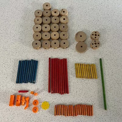 Vintage 1960s  Tinkertoys Mixed Lot Of 85 Pieces Wooden Plastic Pieces • $16