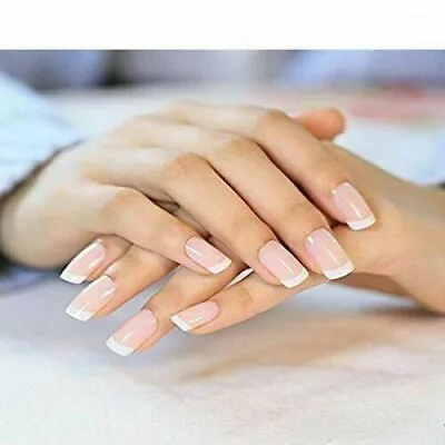 🔥24x Press On False Nails Polished Painted French Manicure Style Kit Beauty Set • £3.95