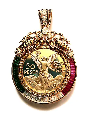 14K Gold Plated Mexican Centenario Moneda 50 Pesos CZ Pendant Medal • $29.95