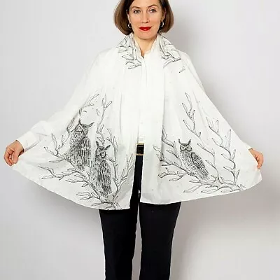 Owl Scarf Hand Painted Pure Silk Scarf Horned Owl Black White Scarf Gift • $115