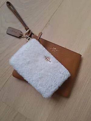 COACH Shearling Key Pouch & Saddle Leather Purse Wristlet Pouch NEW With Tag • $217.50