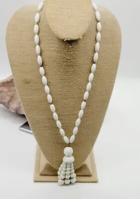 Vintage Monet White CHUNKY Bead Necklace Tassel 25 In STATEMENT Retro Runway • $25.20