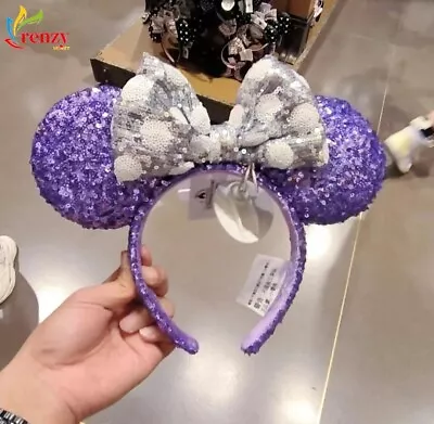 Rare Mickey Purple Silver Bow Sequins Shanghai Disney Parks Headband Ears • $16.99