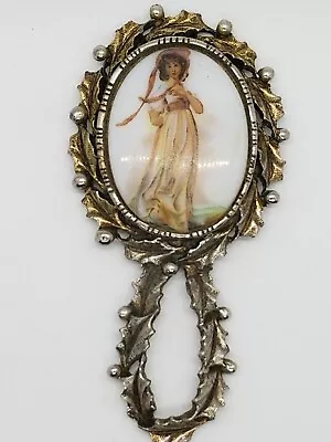 Vintage Ornate Metal Brass Handheld Mirror Lovely Woman Pictured 3.75  X 2  • $25