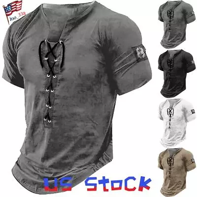 Men's Vintage Printed Short Sleeve V Neck Slim Fit T-Shirt Casual Tops Shirt US • $20.69