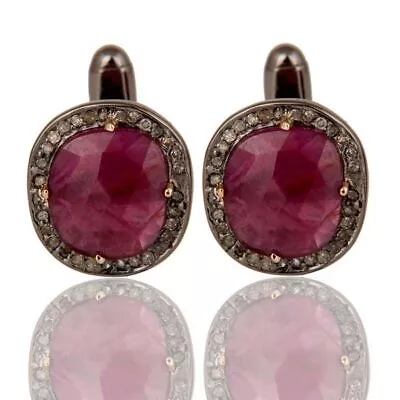 Natural Ruby Gemstone 18K Gold And 925 Silver Diamond Cufflink Mens Jewelry • £143.78