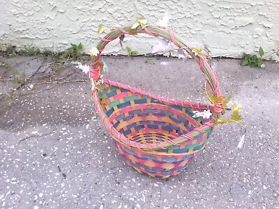 Small Oval Wooden Woven Pink Easter Basket With Bunny Rabbit Decorations • $10