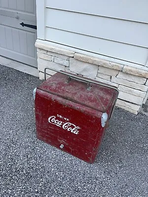 Vintage 1950s Coca Cola Soda Pop Red Metal Cooler With Shelf Tray & Drain Cap • $75