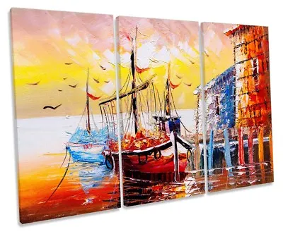 Sail Boat Yacht Ship Sunset Repro Framed TREBLE CANVAS PRINT Wall Art • £59.99