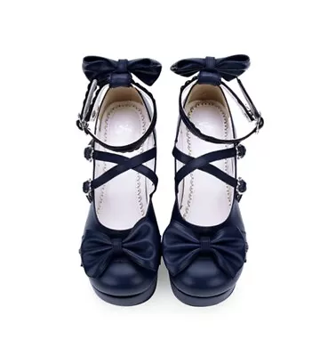 OFFICIAL Dark Blue Bowknot Roundtoe Sweet Lolita High Heel Shoes UNUSED WITH BOX • £49