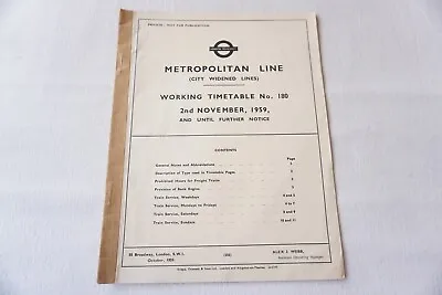 1959 Metropolitan Line Underground Tube Working Railway Timetable No 180 • £19.99