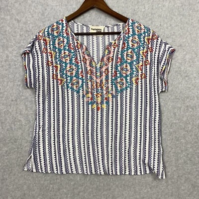 Savanna Jane Top Womens L Floral Striped Embroidered Peasant  Boho Cottagecore • £28.36