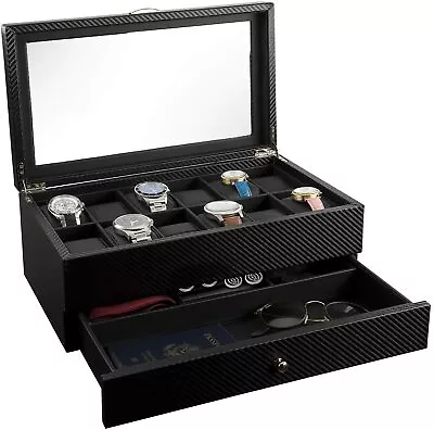 Mens Watch Box Case Organizer 12 Slots Watches Jewelry Storage With Valet Drawer • $49.99