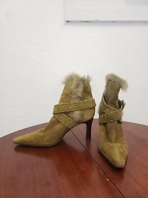 Antonio Melani Green Suede Fur Trim Ankle Boots 8 M AS IS Vtg Y2k Pointy Heels • $8