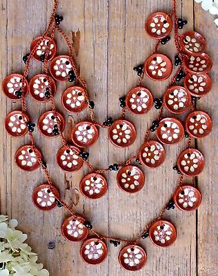 Necklace 3 Strand Floral Clay Plates Purépecha Indian Handmade Mexican Folk Art • $38.40