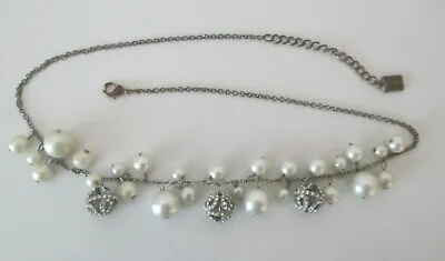 Chaps White Faux Pearls & Rhinestone Balls Chain Link Bib Necklace Adj Vtg AZJ • $9.99