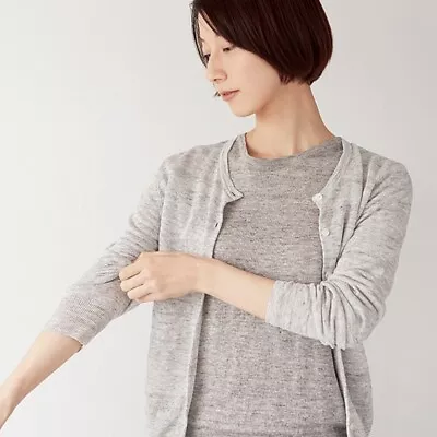 MUJI  Ladies 100% Linen UV Cut High Gauze Crew Neck Cardigan Jumper Size L/12 • £29.99