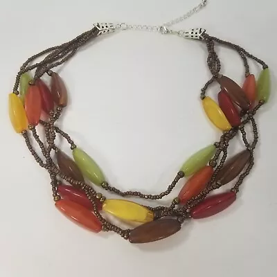 Red Yellow Green Brown Multistrand Necklace Seed Bead Boho Hippie • $17.99