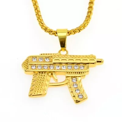 Gold Gun Chain Necklace Punk Big Gangster Shinny Rapper Fancy Dress Costume • £4.99