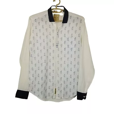 Louis Park Shirt M White Blue Check Floral Linen Slim Fit Button Up Long Sleeve • $16.99