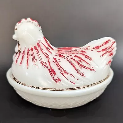 Hazel Atlas White Milk Glass Hen On Nest W Cold Painting Marked Vintage • $17.99