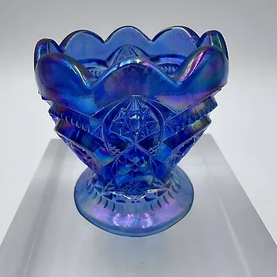 Vintage LE Smith Blue Iridescent Carnival Glass Scalloped Edge Tooth Pick Holder • $23.95