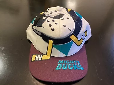 Vintage 1990s Official NHL Anaheim Mighty Ducks Snapback Hat BIG Logo The Game!! • $450