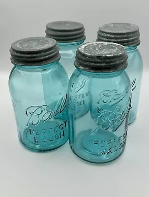 Lot Of 4 Vintage Ball Perfect Mason Blue Glass Quart Canning Jars W/ Zinc Lids • $23.99