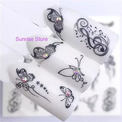 Nail Art Water Transfer Sticker Butterfly Black Music Notes Star Decals Manicure • $2.49