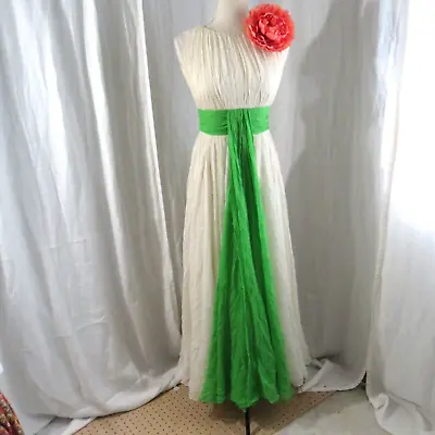 Vintage 1960's Saks Fifth Avenue Silk Grecian Style Dress Cream Green Small • $120