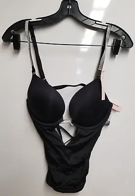 Victoria's Secret 11220583 Plunge Convertible Shine Bodysuit Sz L - Black • $62