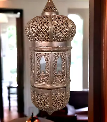 RARE MCM Mid 20th Century Pierced Brass Moroccan Hanging Lantern Swag Light 24  • $225