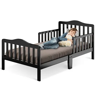 Classic Kids Children Toddler Wood Bed Bedroom Furniture W/ Guardrails Black • $99.99