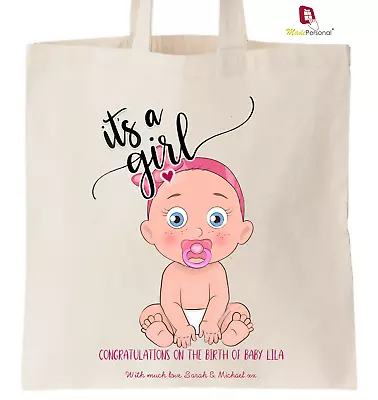 Personalised New Baby Shower Gift Cotton Tote Bag BOY GIRL TWIN- Optional Card • £9.45