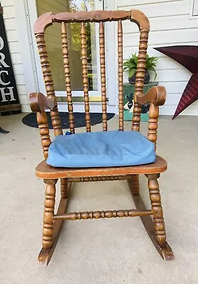 Vintage Child’s Rocking Chair Oak Wood Carved Germany High Spindle Back 30” • $100