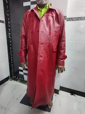 NOORA Men's Red Genuine Lambskin Leather Trench Coat Leather Long Coat With Belt • $270